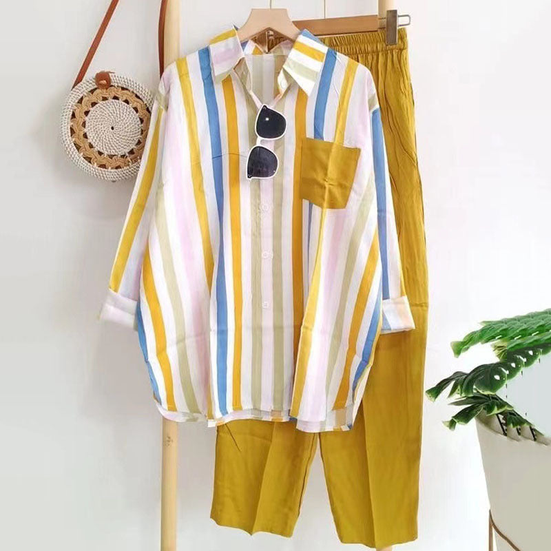 🔥【50% ZĽAVA】【S-5XL】 🌸Jarný pruhovaný ležérny dvojdielny oblek