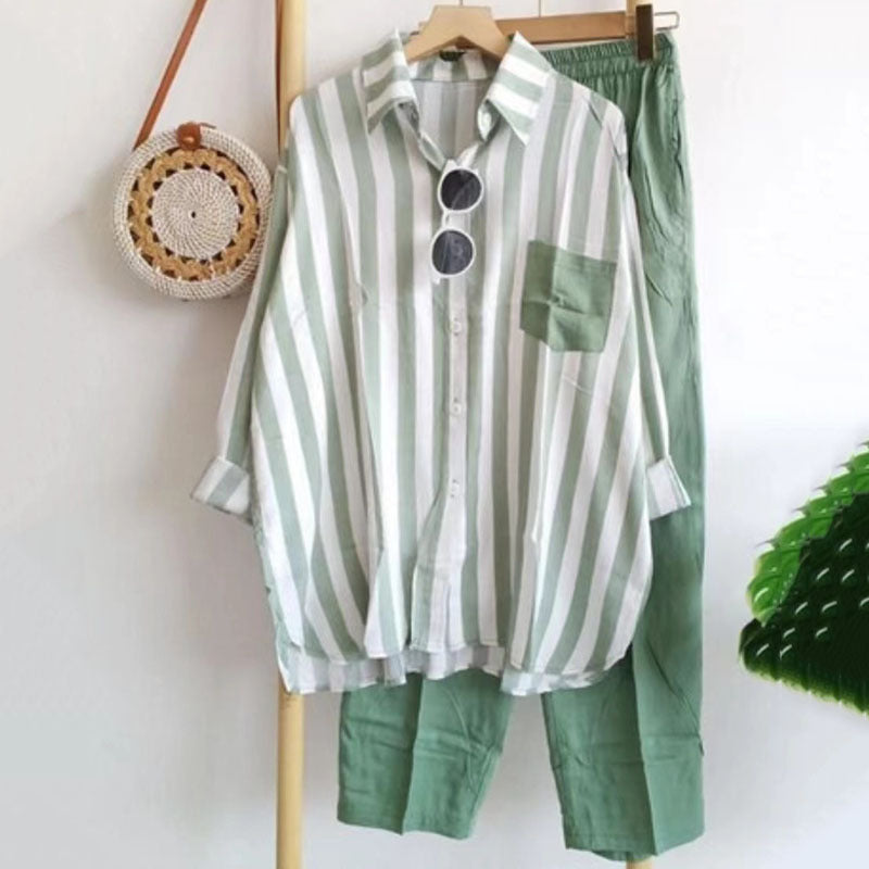 🔥【50% ZĽAVA】【S-5XL】 🌸Jarný pruhovaný ležérny dvojdielny oblek