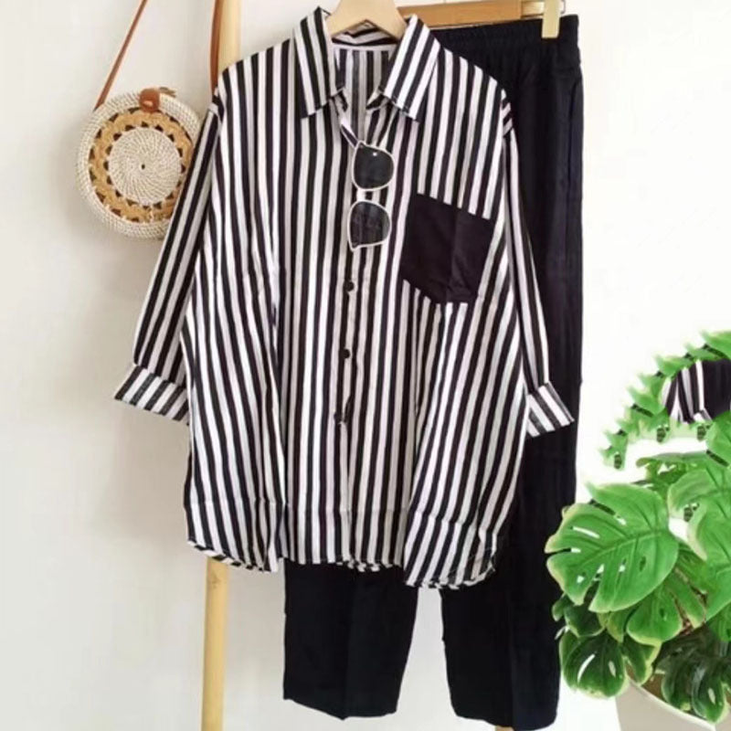 🔥【50% ZĽAVA】【S-5XL】 🌸Jarný pruhovaný ležérny dvojdielny oblek
