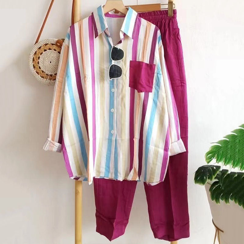 🔥【50% ZĽAVA】【S-5XL】 🌸Jarný pruhovaný ležérny dvojdielny oblek