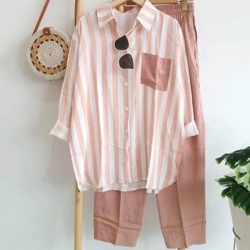 🔥【50% ZĽAVA】【S-5XL】 🌸Jarný pruhovaný ležérny dvojdielny oblek