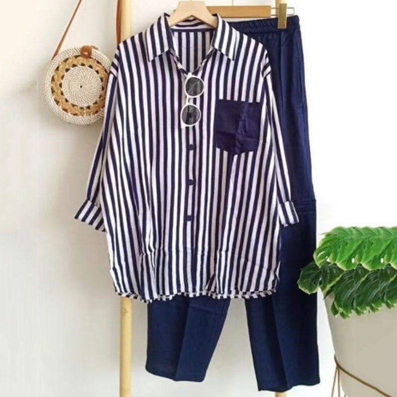 🔥【50% ZĽAVA】【S-5XL】 🌸Jarný pruhovaný ležérny dvojdielny oblek