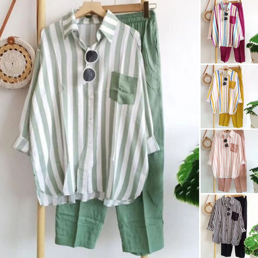 🔥【50% ZĽAVA】【S-5XL】 🌸Jarný pruhovaný ležérny dvojdielny oblek